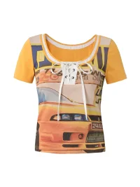 24ans online | Patchwork Faux-Layer Racing Print T-Shirt