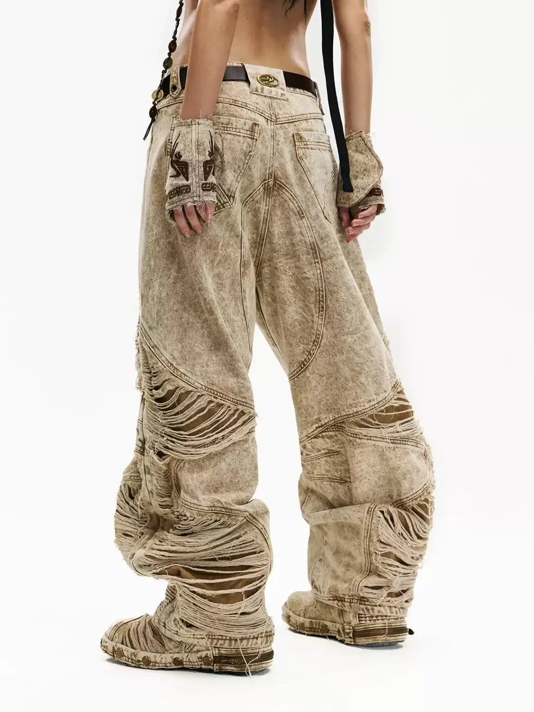 PERSONSOUL | Apricot Distressed Wide-Leg Jeans