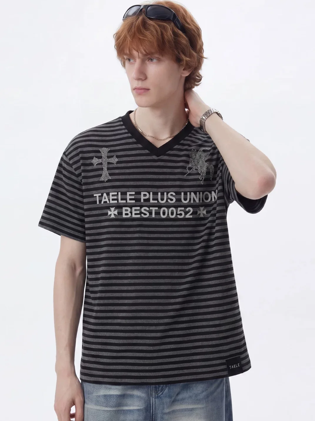 Wonderful Story | Y2K Rhinestone Print Striped V-Neck T-Shirt