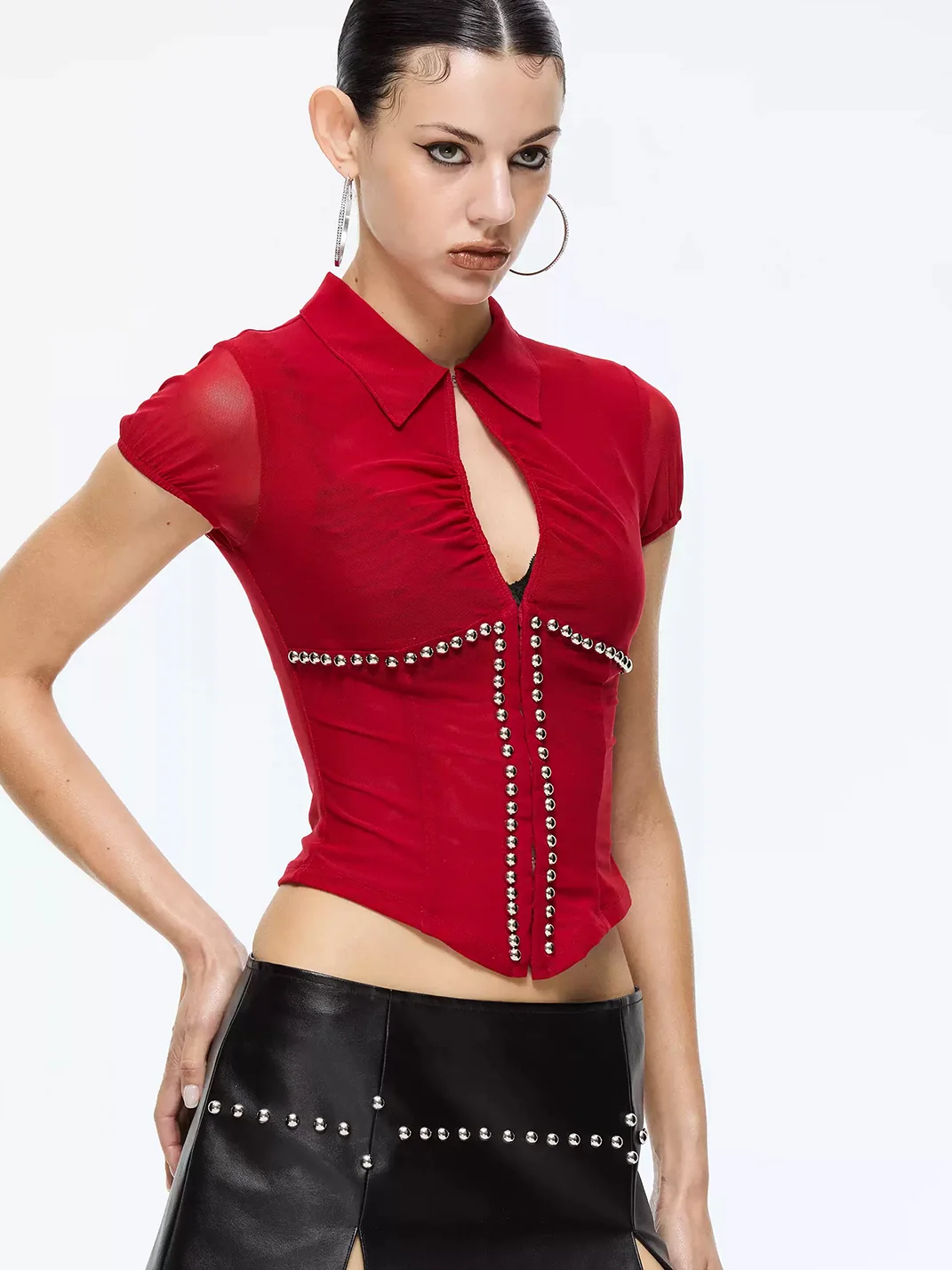 Latelylab | Studded Mesh Cropped Fitted Shirt