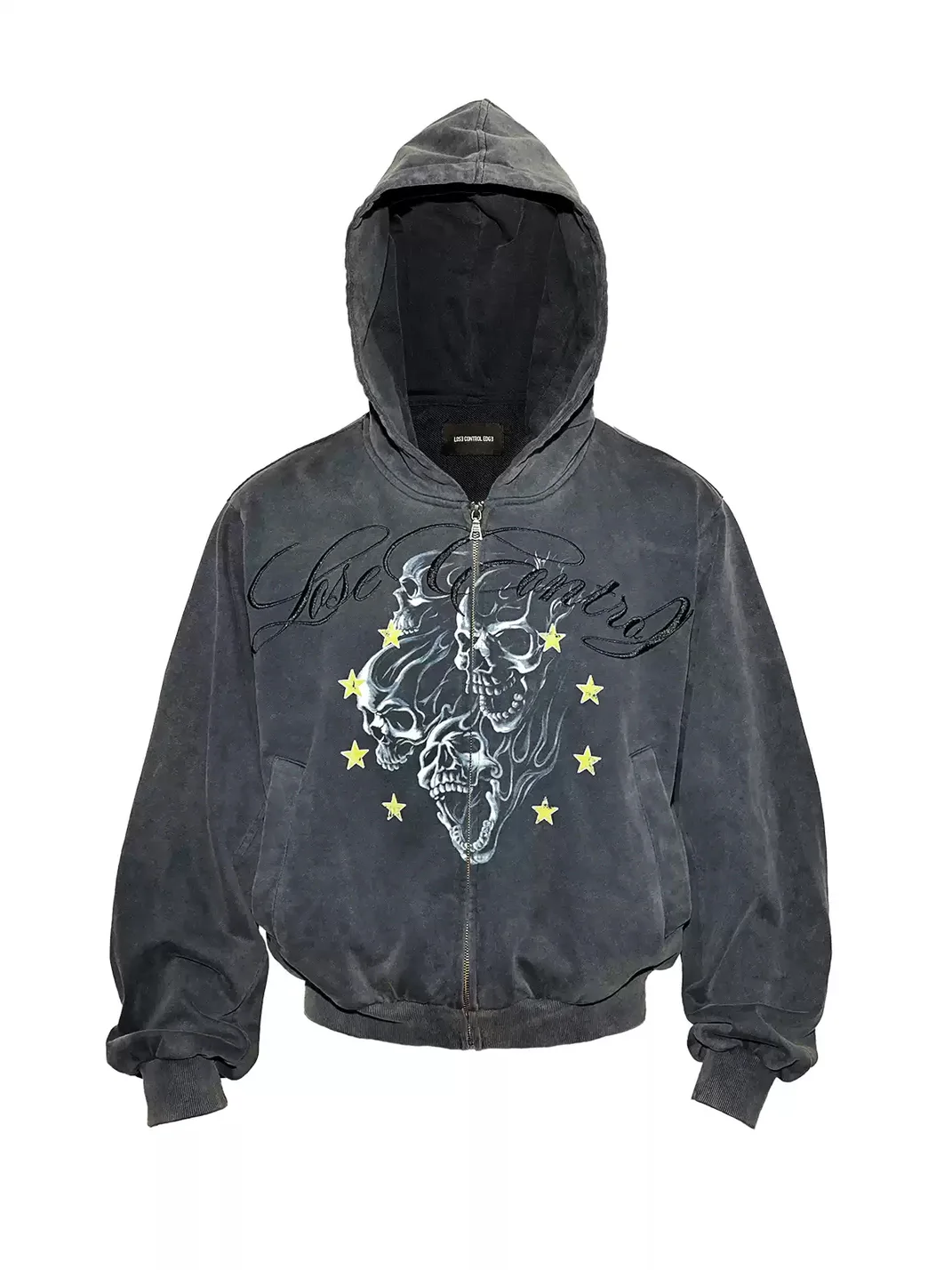 LoseControlEdge | Washed Graphic Embroidered Zip Hoodie