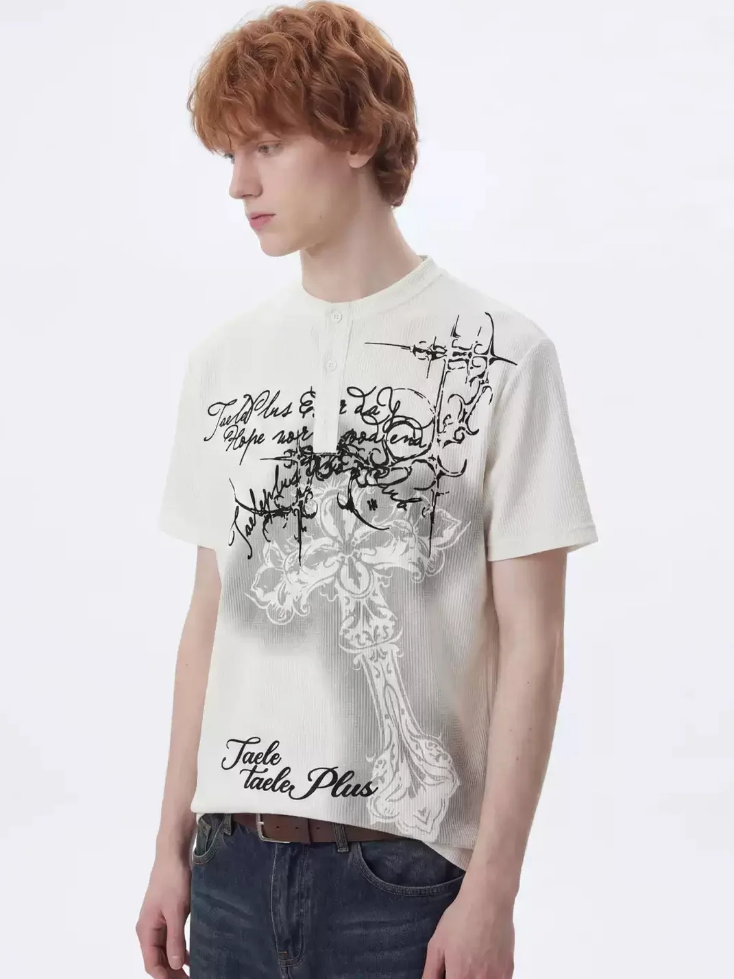 Wonderful Story | Unisex Gothic Cross Waffle Henley T-Shirt