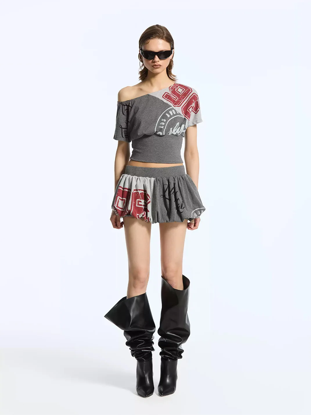 Latelylab | Graphic Off-Shoulder Top And Mini Skirt Set