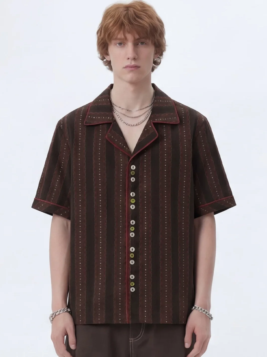 Wonderful Story | Retro Brown Striped Colorblock Button Shirt