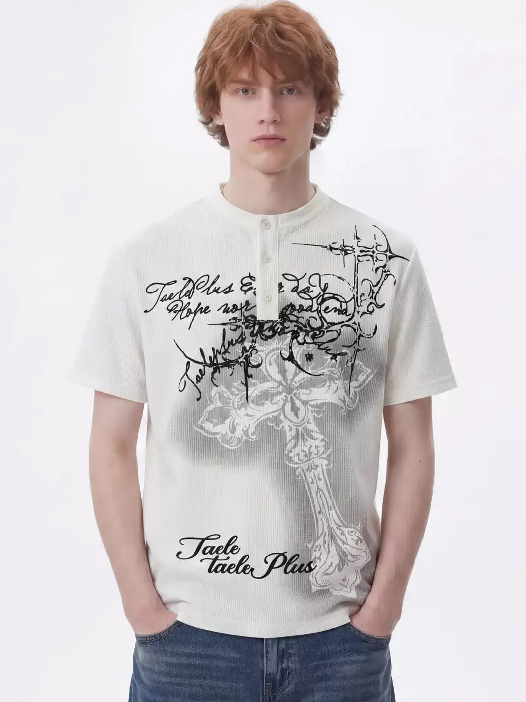 Wonderful Story | Unisex Gothic Cross Waffle Henley T-Shirt