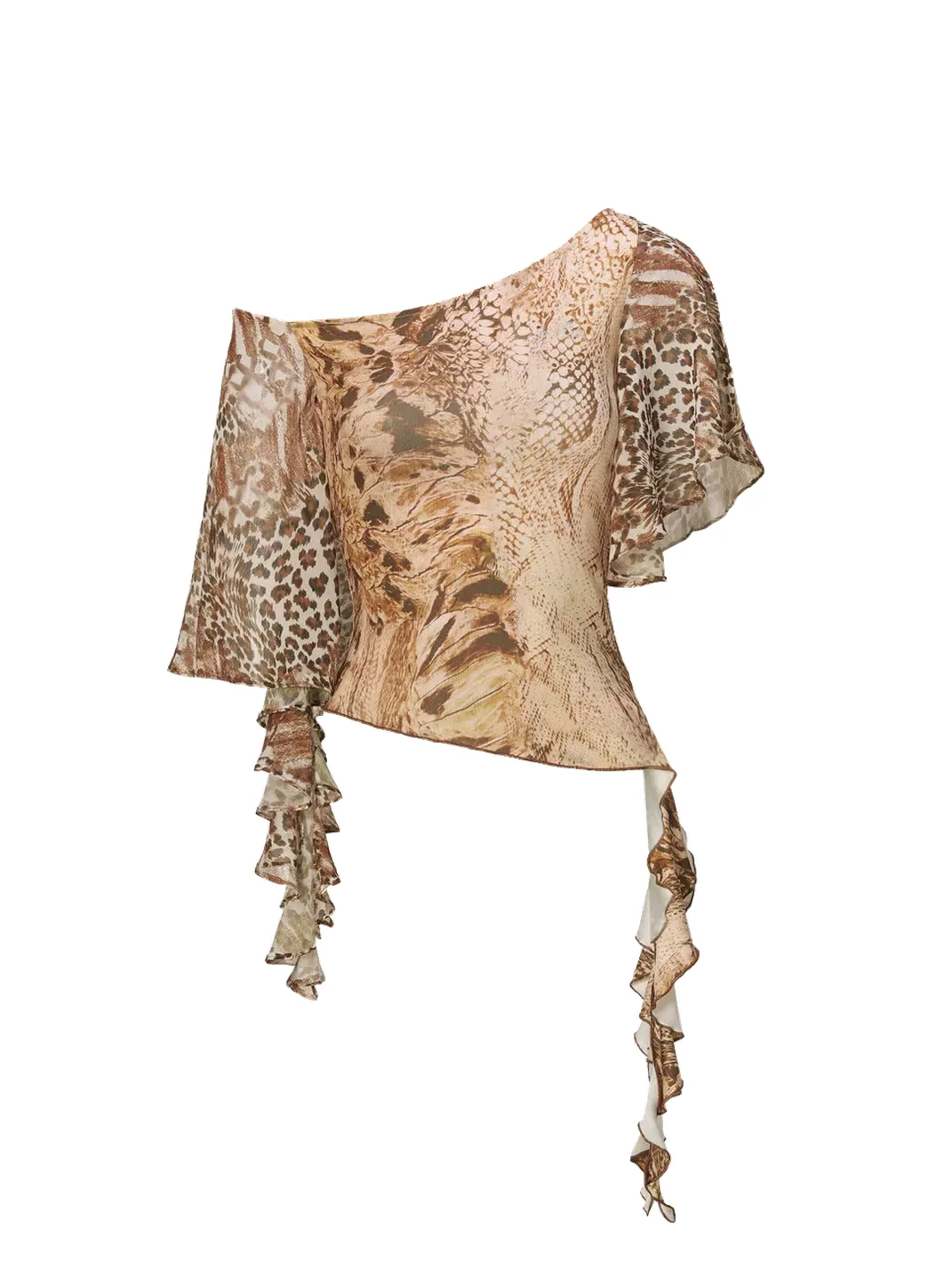 JYOSEI | Asymmetric Animal Print Ruffle Off-Shoulder Top