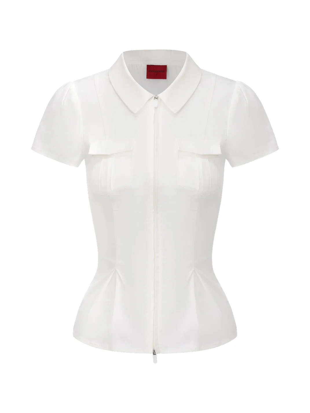 ONNASENSHI | Ruched Slim Fit Puff Sleeve Zip Shirt