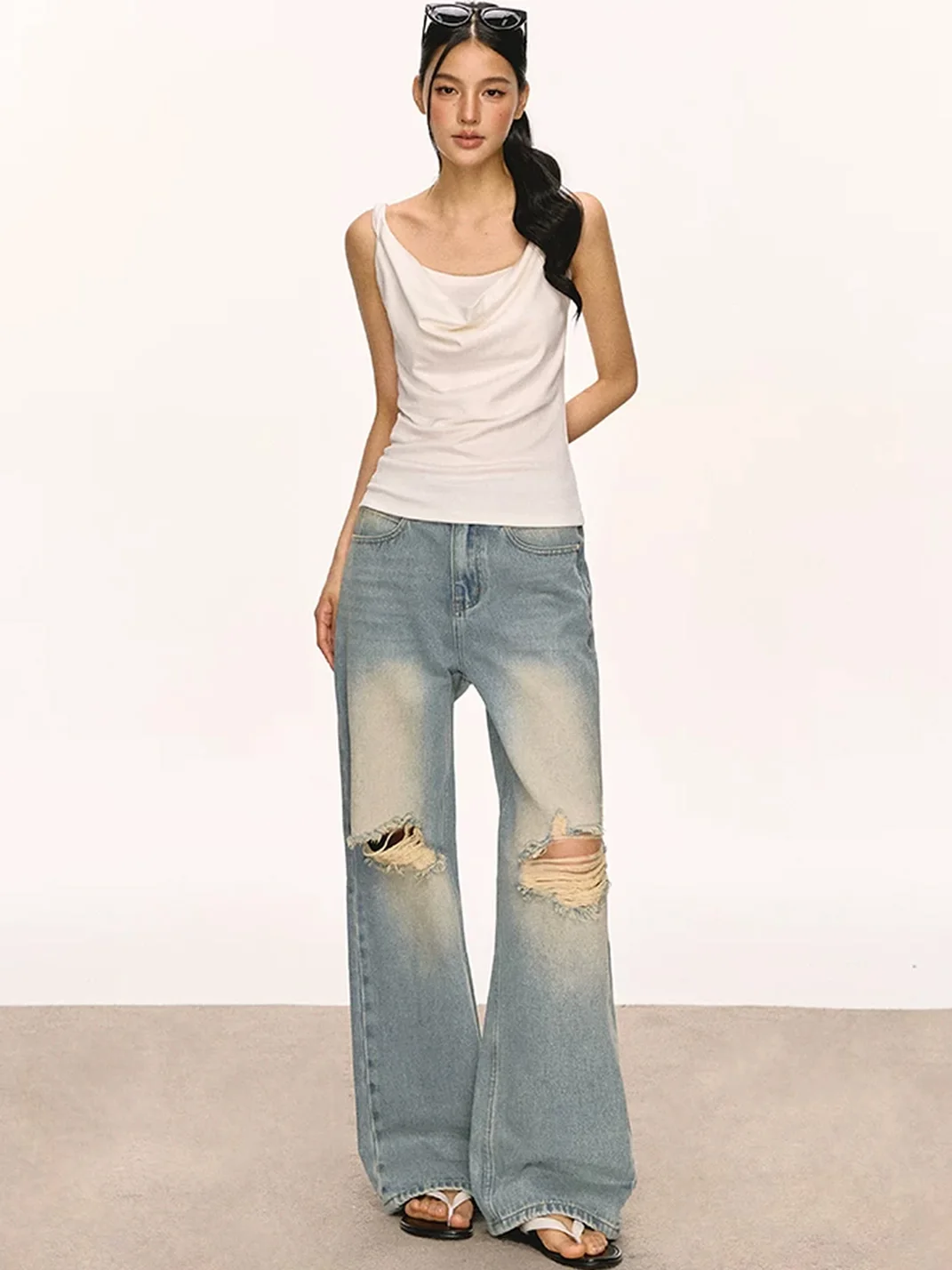 Anna aneae | Women's Asymmetrical Draped Neck Tie Strap Fitted Top