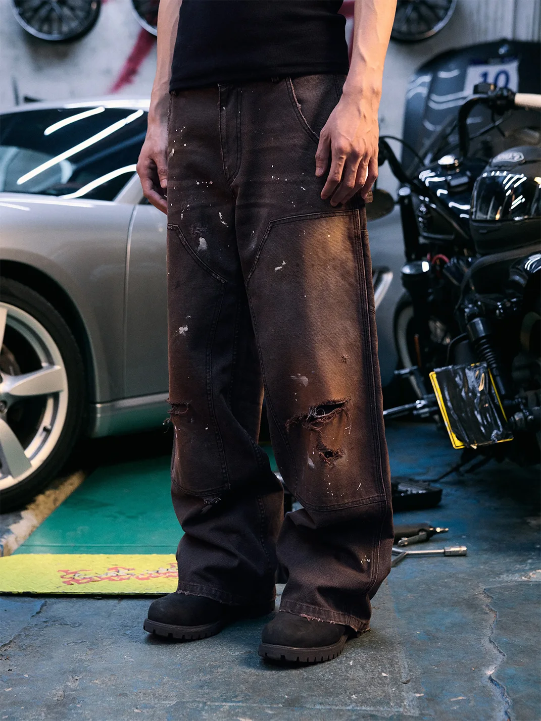 AvinMade | Distressed Double Knee Wide Leg Workwear Pants