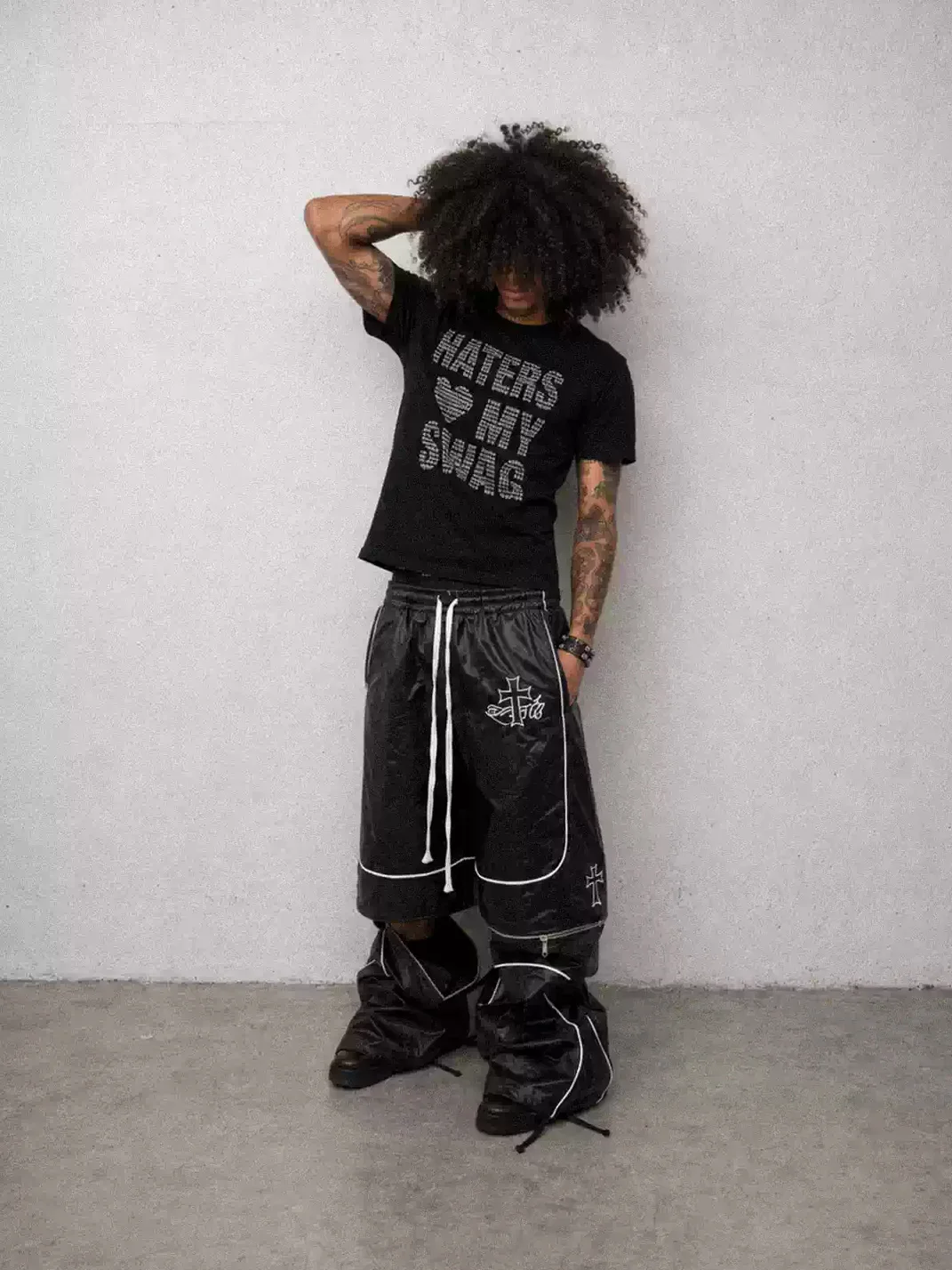 LoseControlEdge | Detachable Zipper Cross Detail PU Coated Baggy Pants