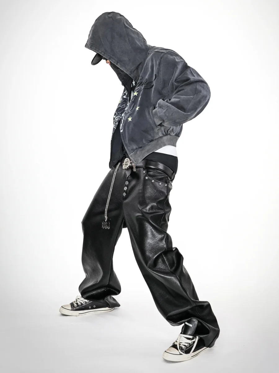 LoseControlEdge | Studded Baggy Textured Leather Pants - 4