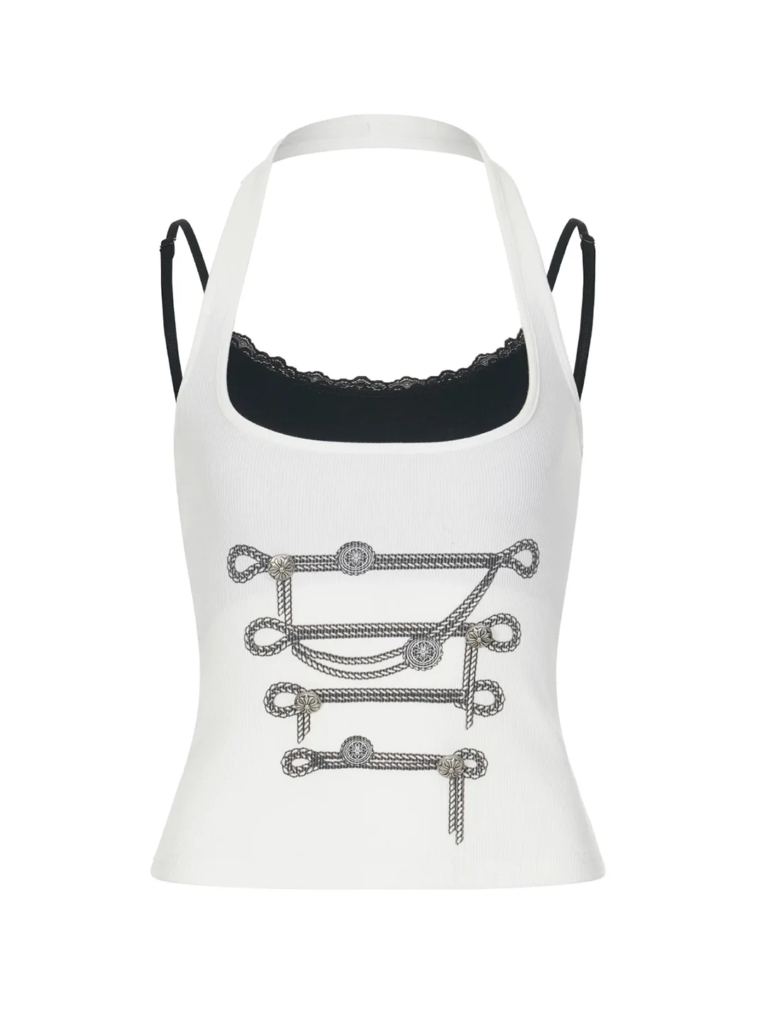 HYTE MOLY | Knight Print Contrast Lace Layered Halter Tank Top