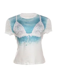 SylCue | Slim Fit Lace Sleeve Graphic T-Shirt