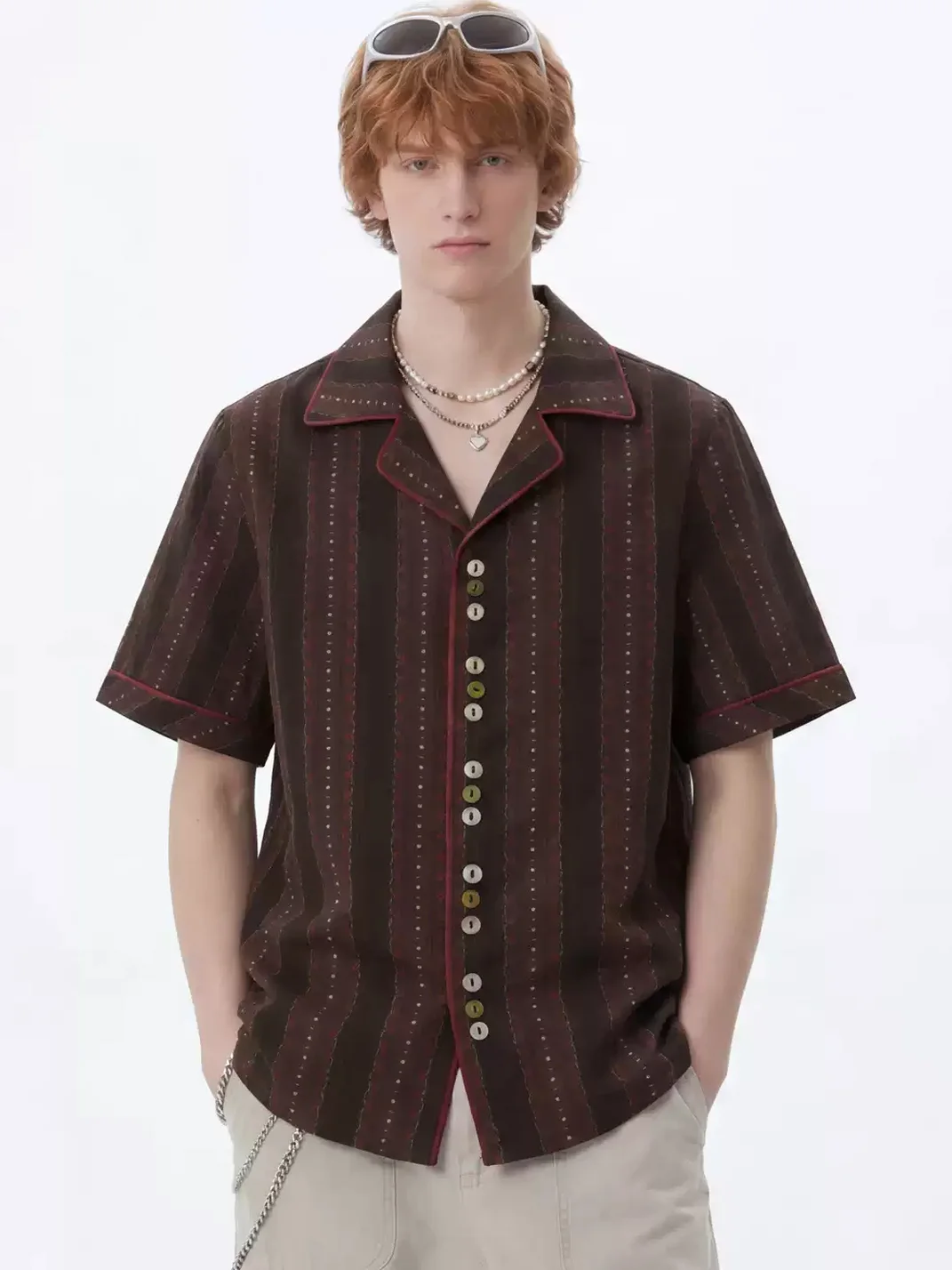 Wonderful Story | Retro Brown Striped Colorblock Button Shirt