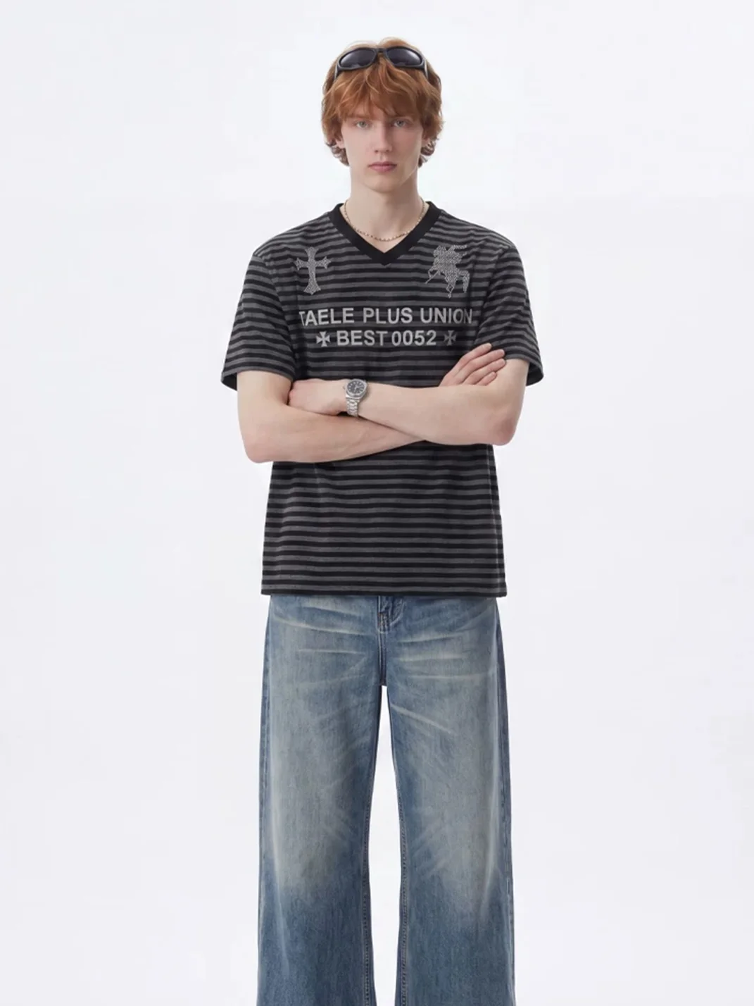 Wonderful Story | Y2K Rhinestone Print Striped V-Neck T-Shirt