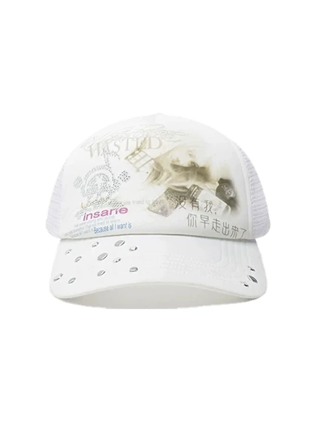 WASTED | Portrait Slogan Rhinestone Skull Trucker Hat