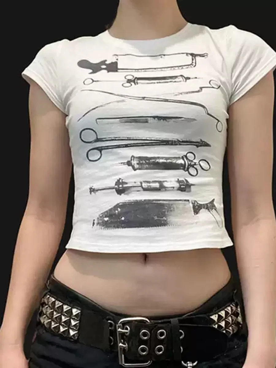 YWEMWZ | Surgical Tools Print Fitted Crop T-Shirt - 3