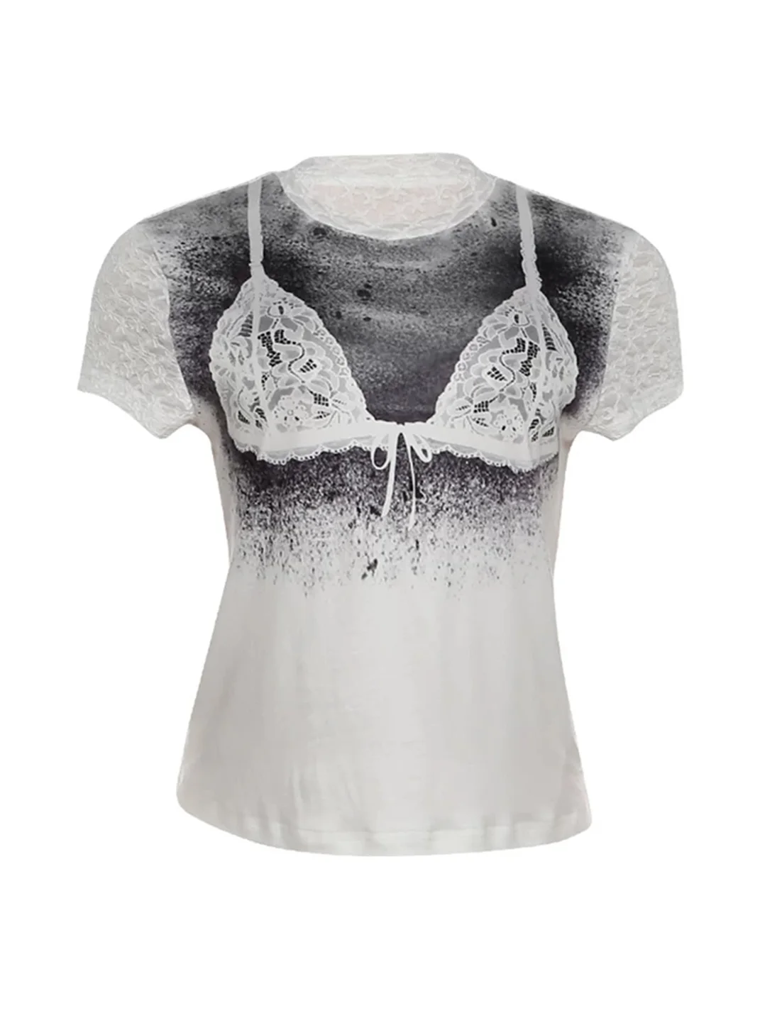 SylCue | Slim Fit Lace Sleeve Graphic T-Shirt