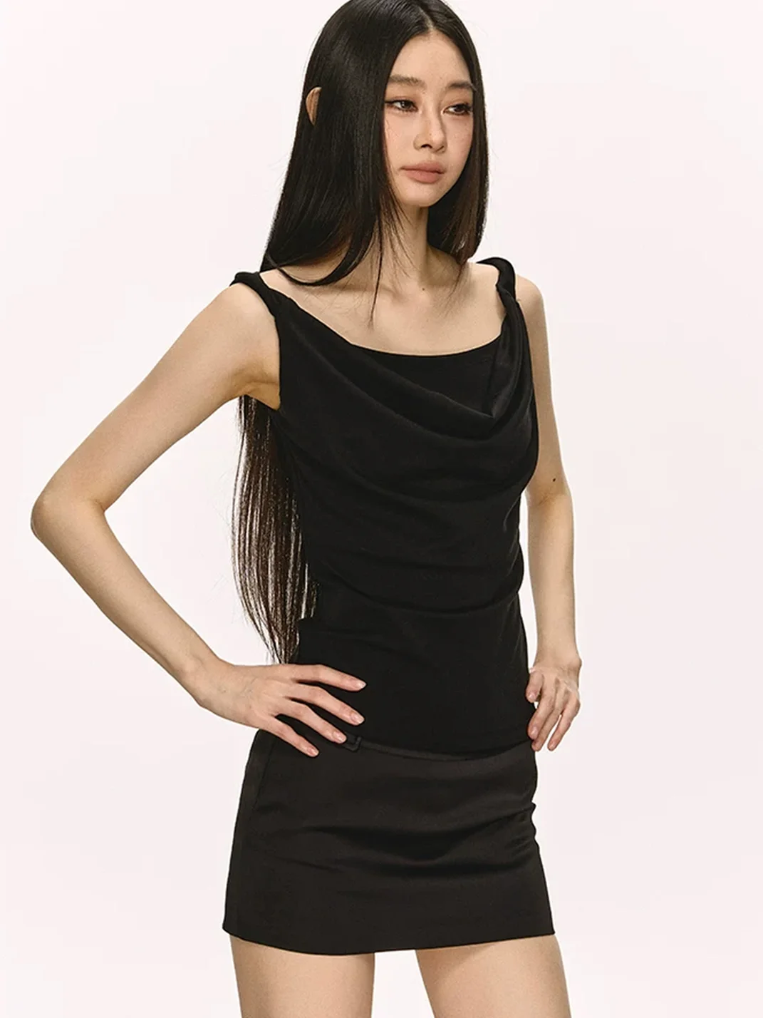 Anna aneae | Women's Asymmetrical Draped Neck Tie Strap Fitted Top