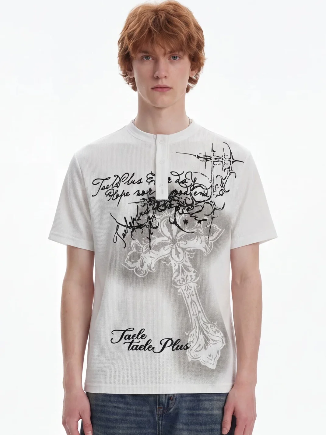 Wonderful Story | Unisex Gothic Cross Waffle Henley T-Shirt