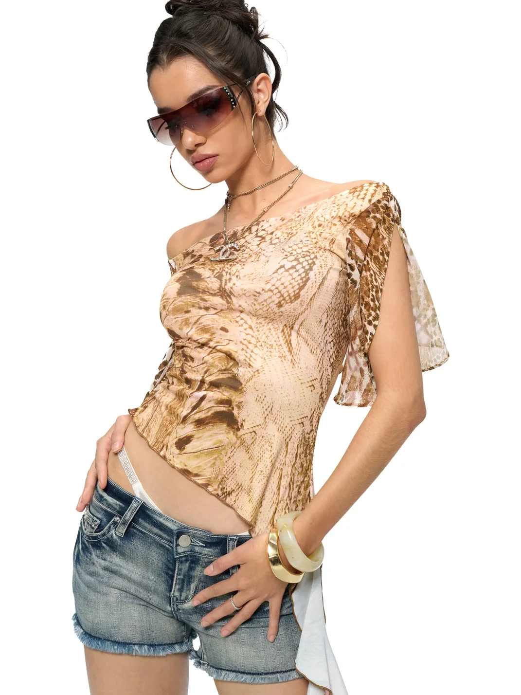 JYOSEI | Asymmetric Animal Print Ruffle Off-Shoulder Top