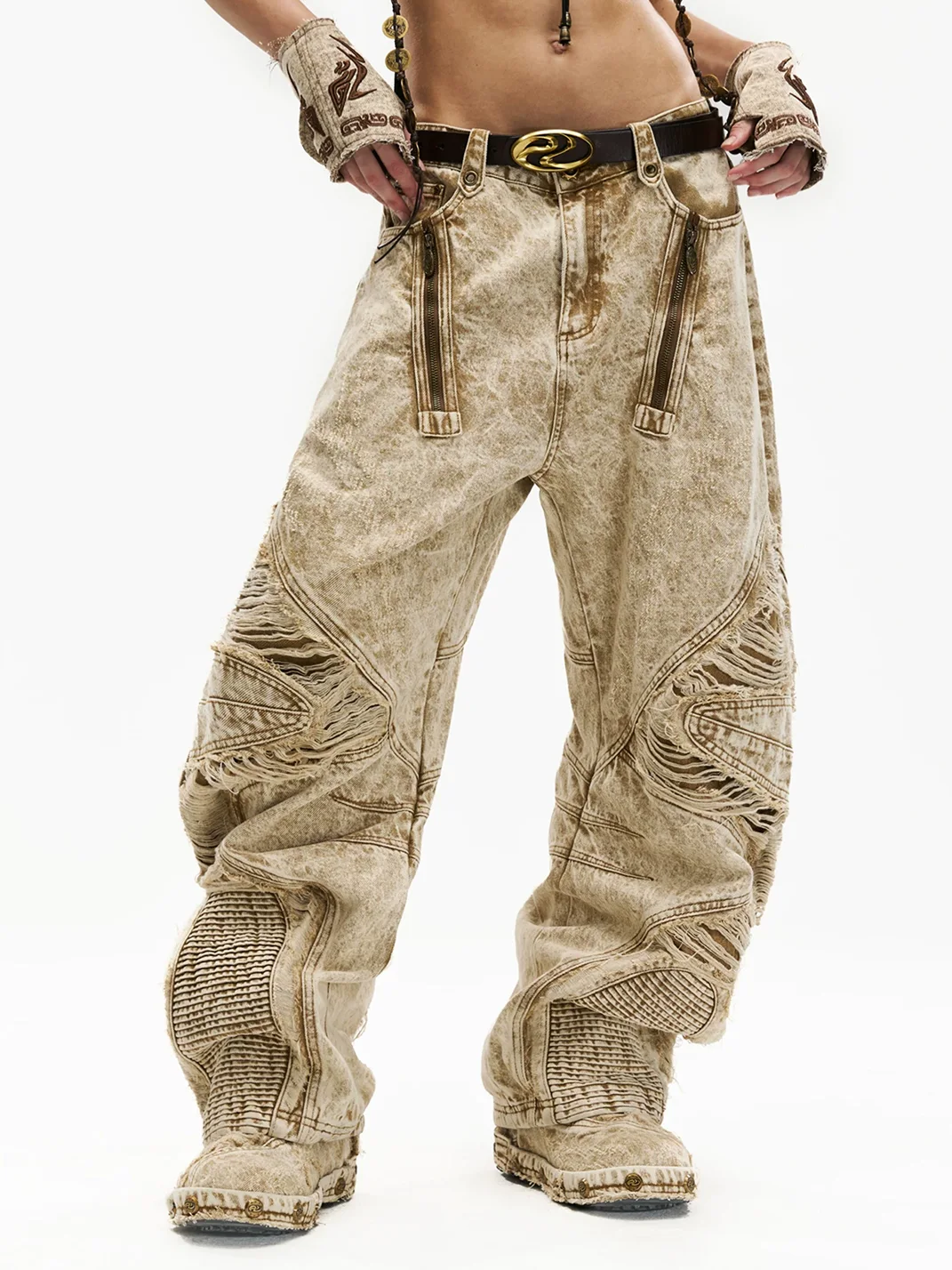 PERSONSOUL | Apricot Distressed Wide-Leg Jeans