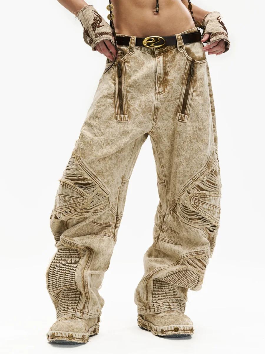 PERSONSOUL | Apricot Distressed Wide-Leg Jeans - 2