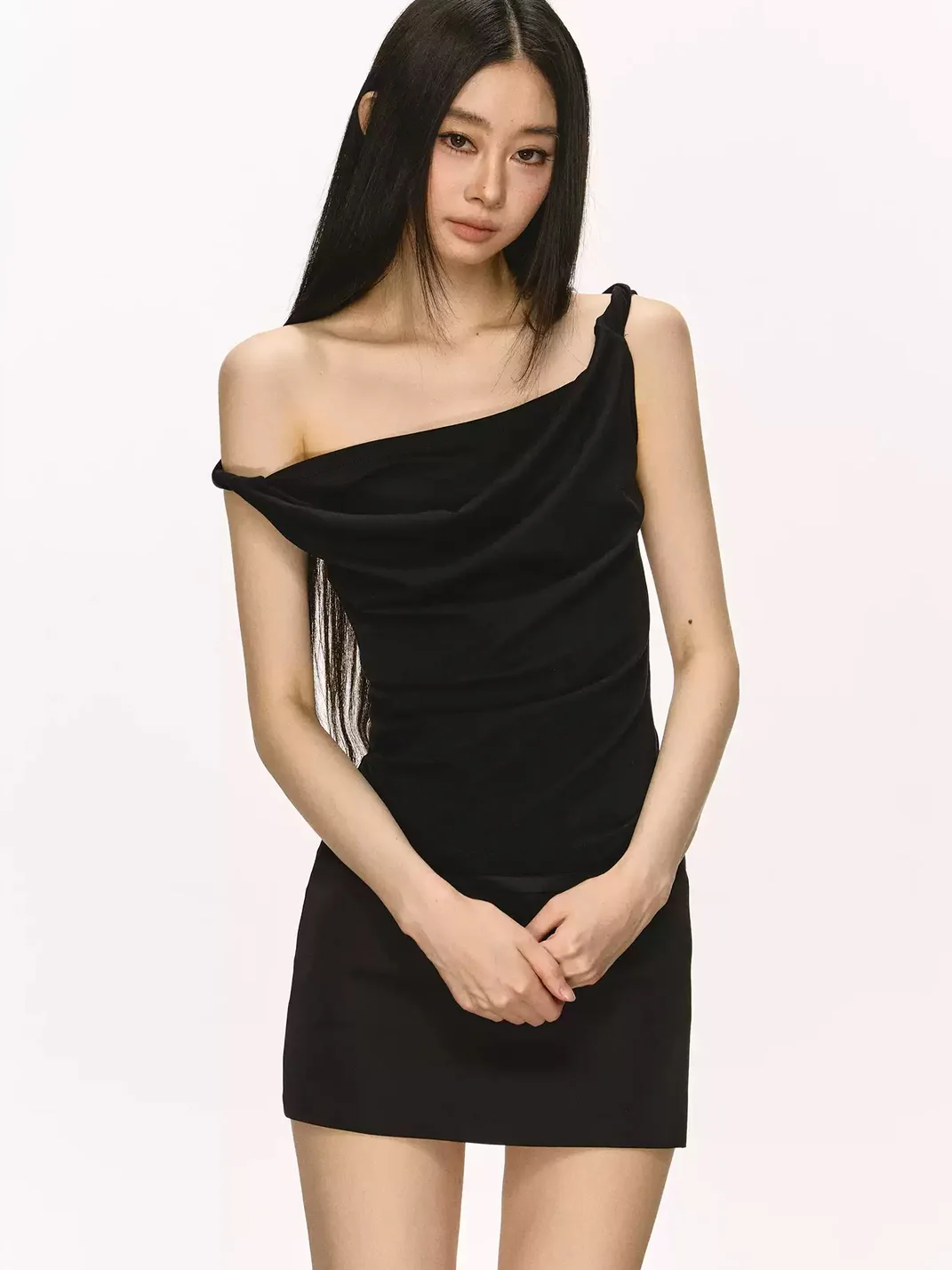 Anna aneae | Women's Asymmetrical Draped Neck Tie Strap Fitted Top