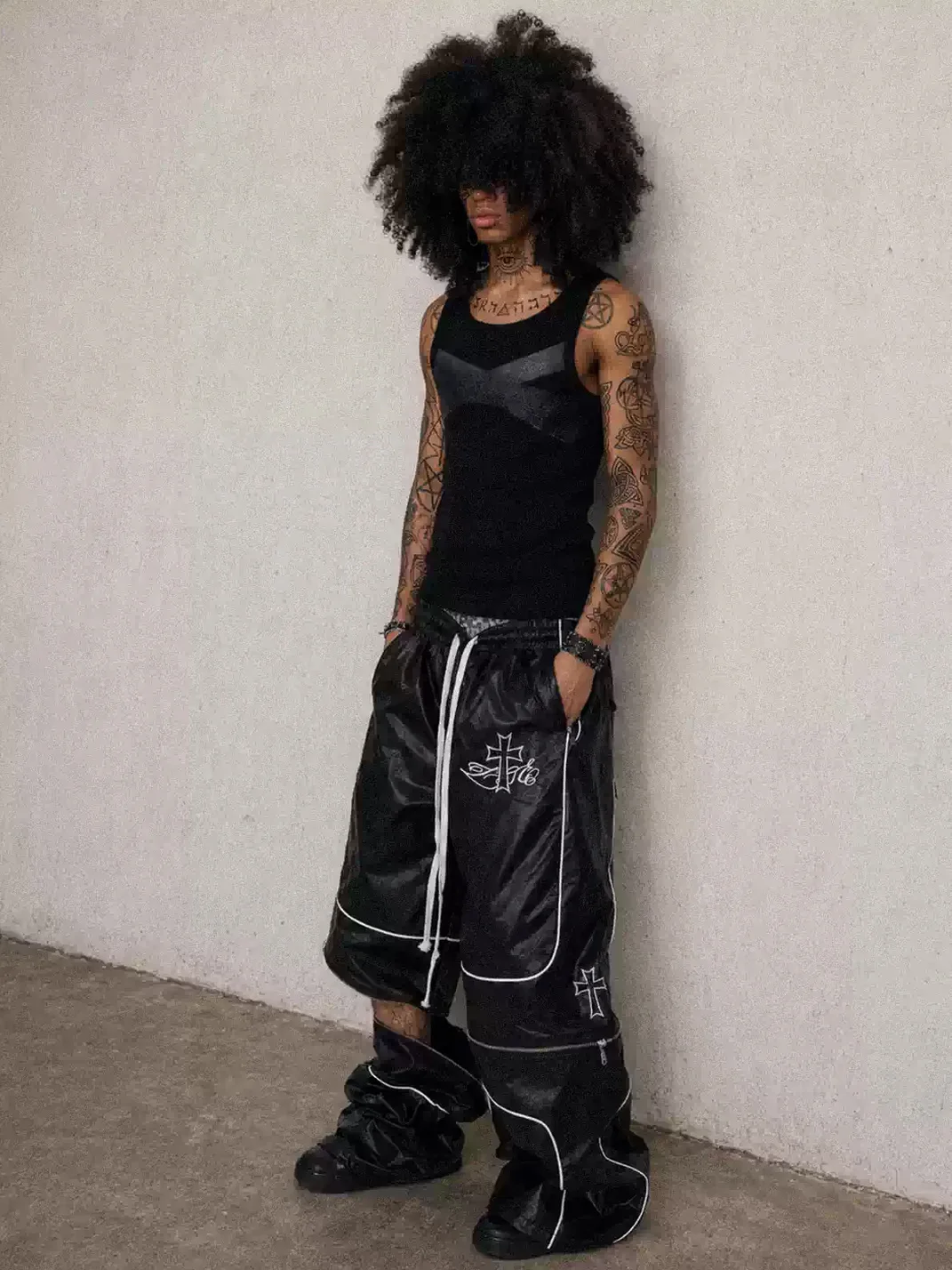 LoseControlEdge | Detachable Zipper Cross Detail PU Coated Baggy Pants