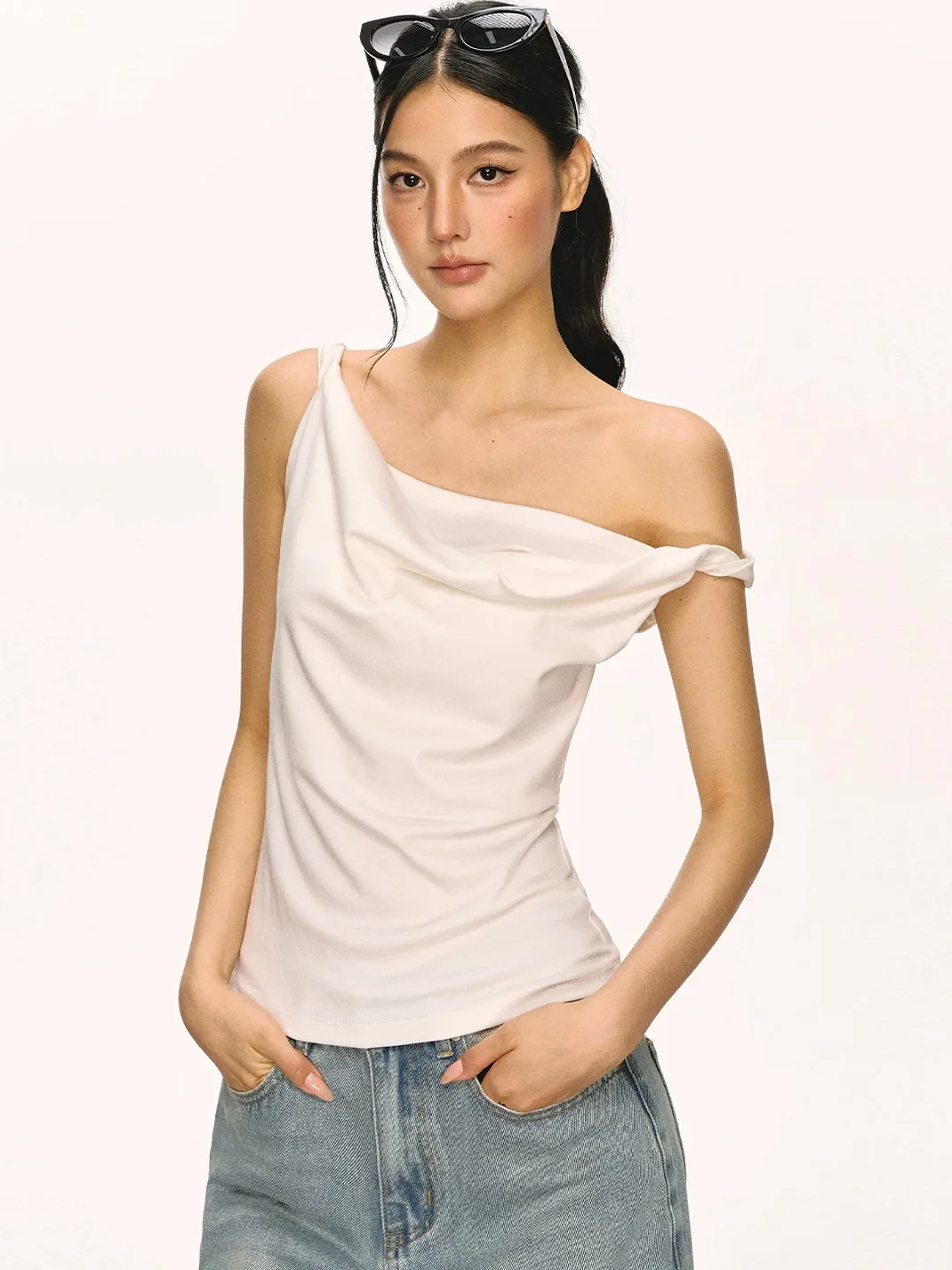 Anna aneae | Women's Asymmetrical Draped Neck Tie Strap Fitted Top