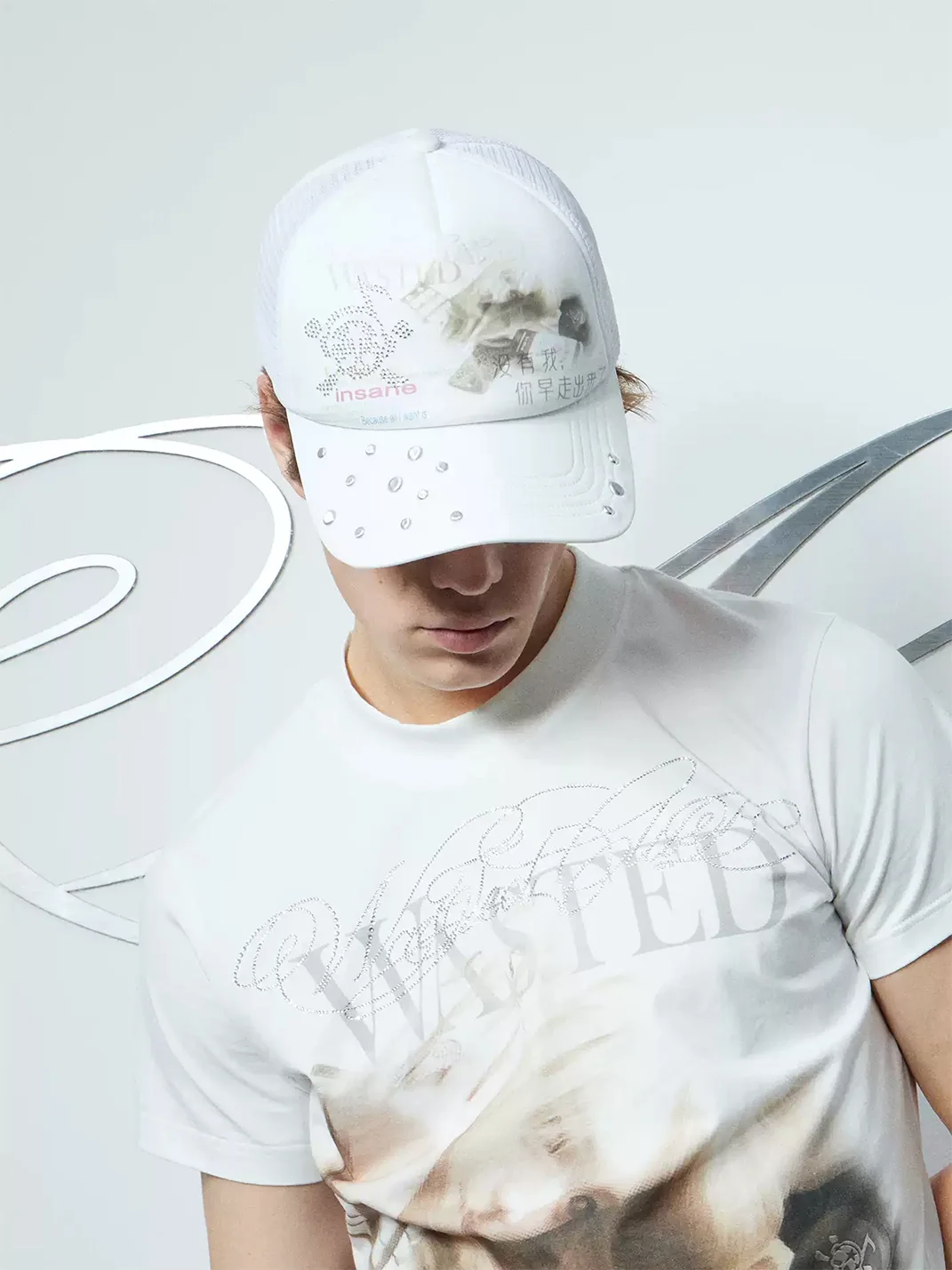 WASTED | Portrait Slogan Rhinestone Skull Trucker Hat