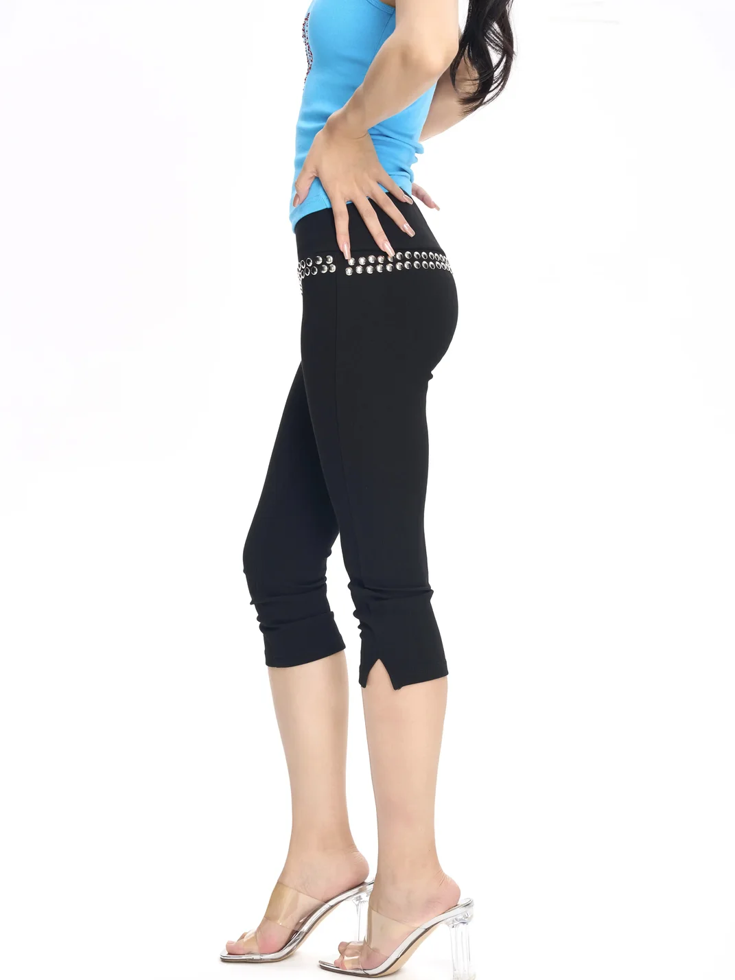 ONNASENSHI | Studded Slim-Fit Black Cropped Split-Hem Pants