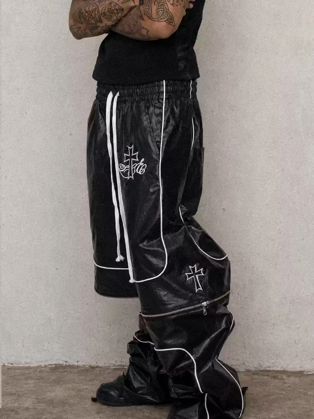 LoseControlEdge | Detachable Zipper Cross Detail PU Coated Baggy Pants