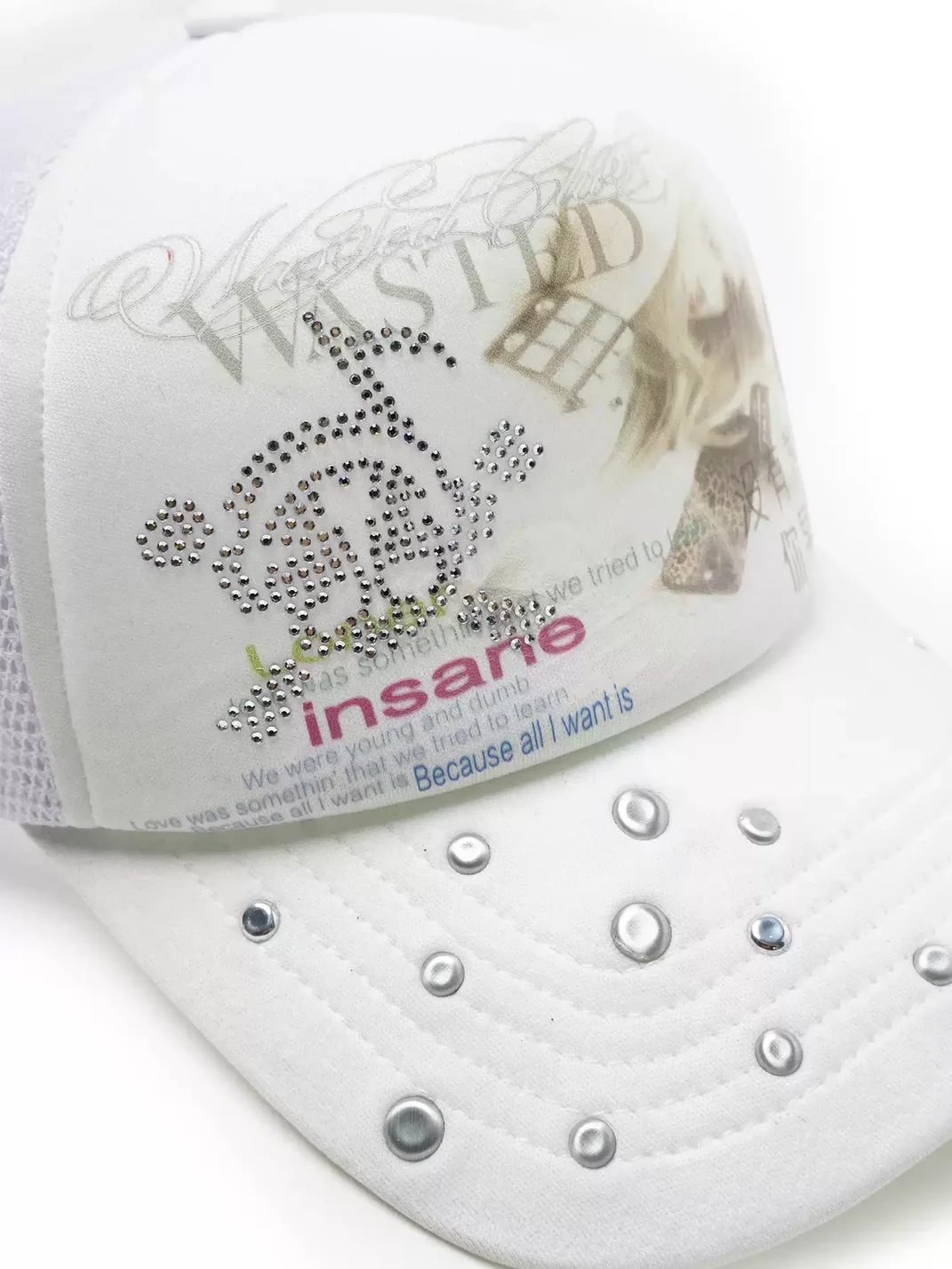 WASTED | Portrait Slogan Rhinestone Skull Trucker Hat