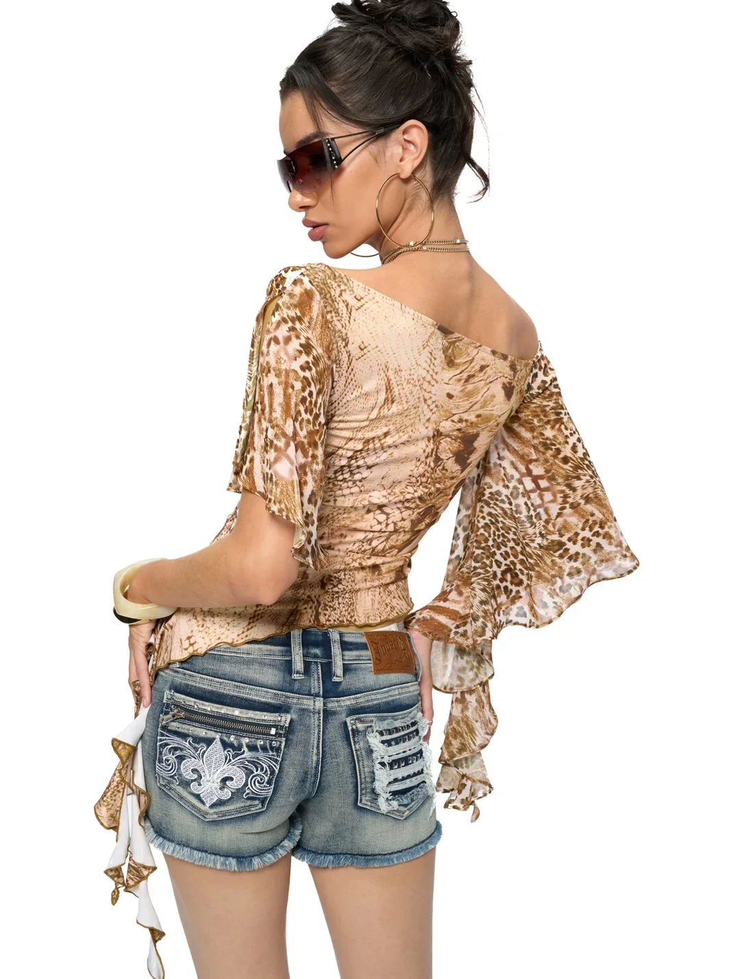 JYOSEI | Asymmetric Animal Print Ruffle Off-Shoulder Top