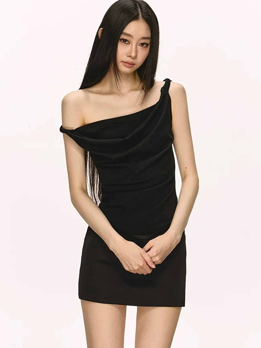 Anna aneae | Women's Asymmetrical Draped Neck Tie Strap Fitted Top