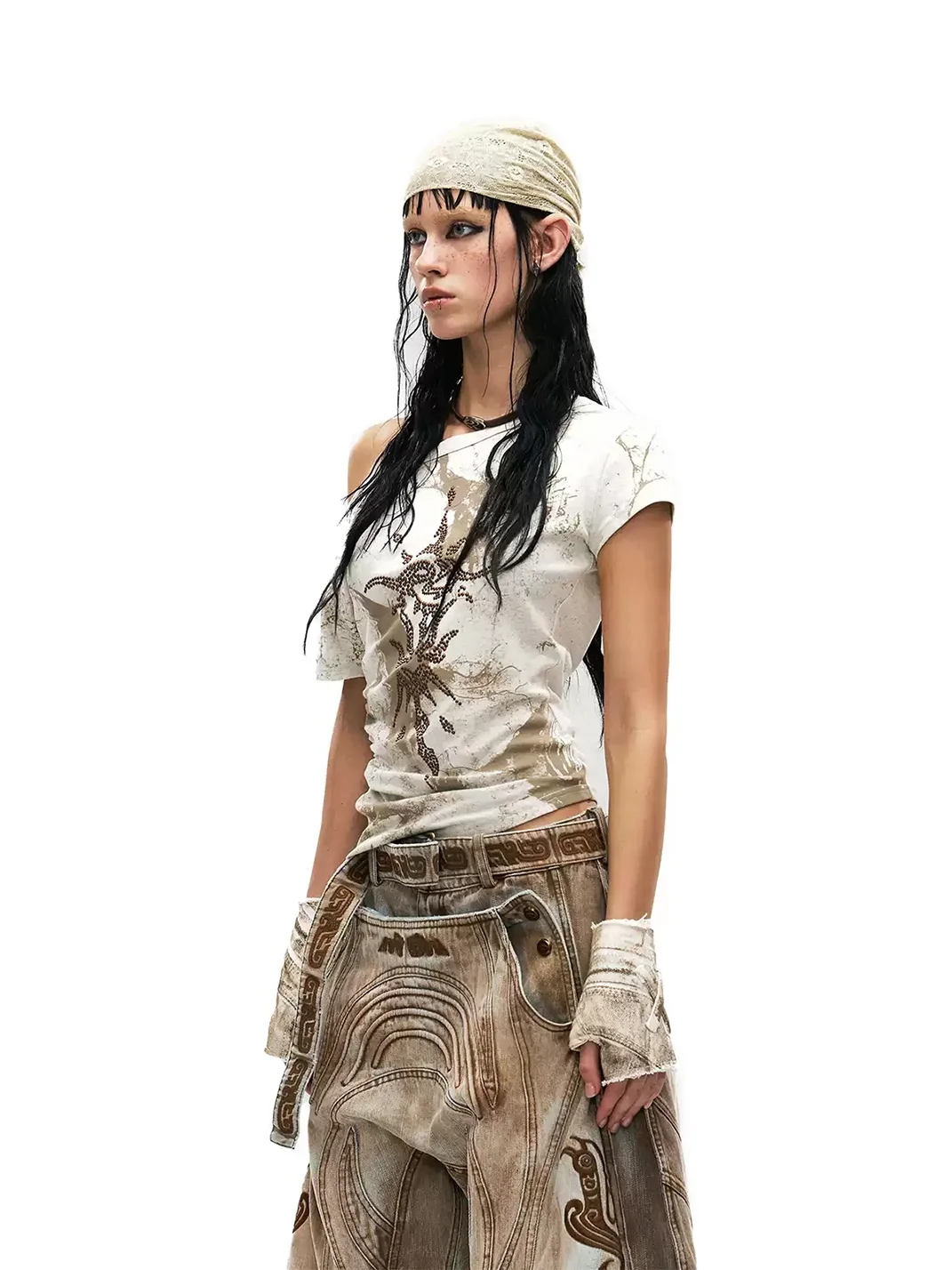PERSONSOUL | Asymmetric One-Shoulder Slim Graphic T-Shirt