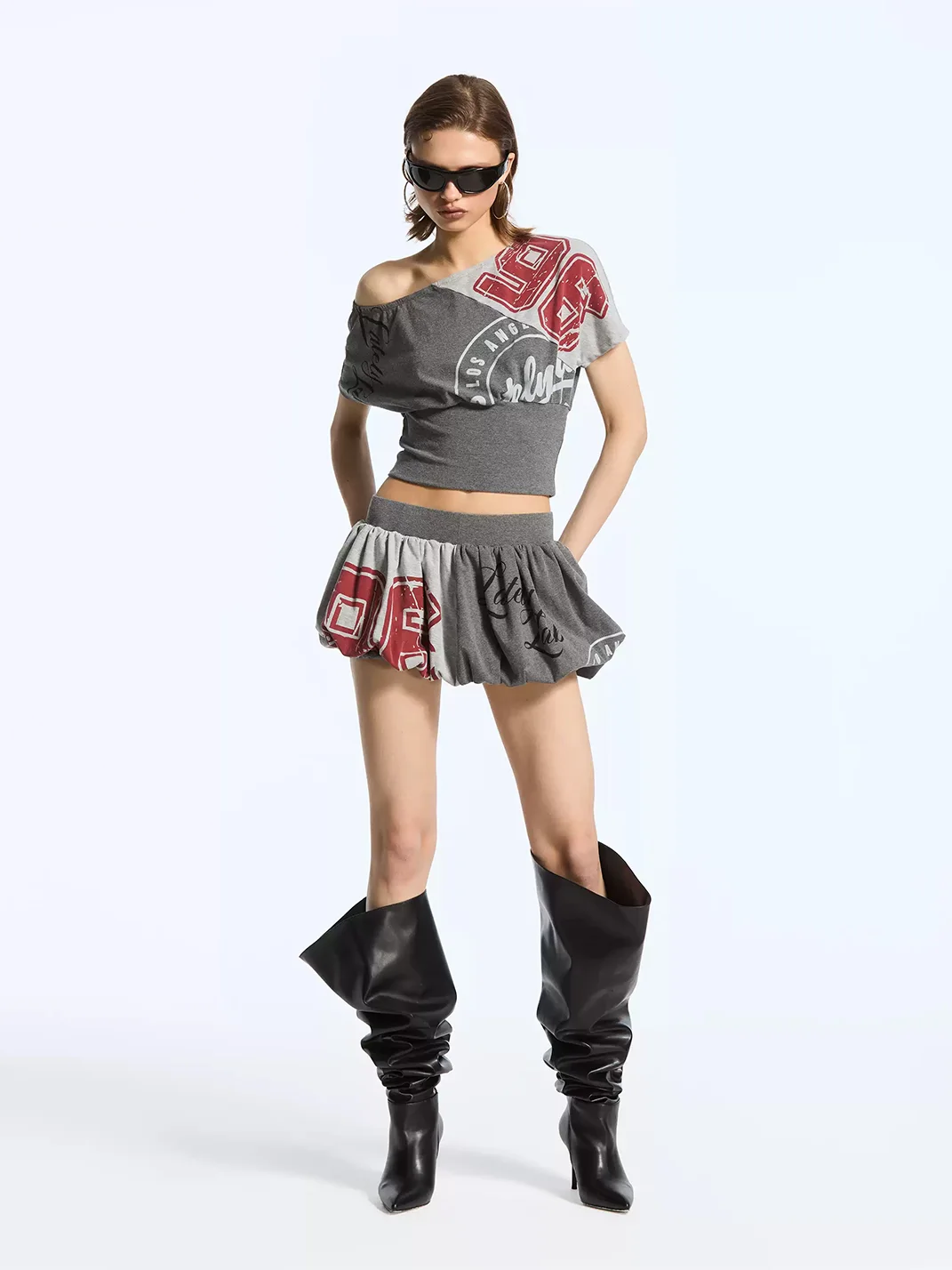 Latelylab | Graphic Off-Shoulder Top And Mini Skirt Set
