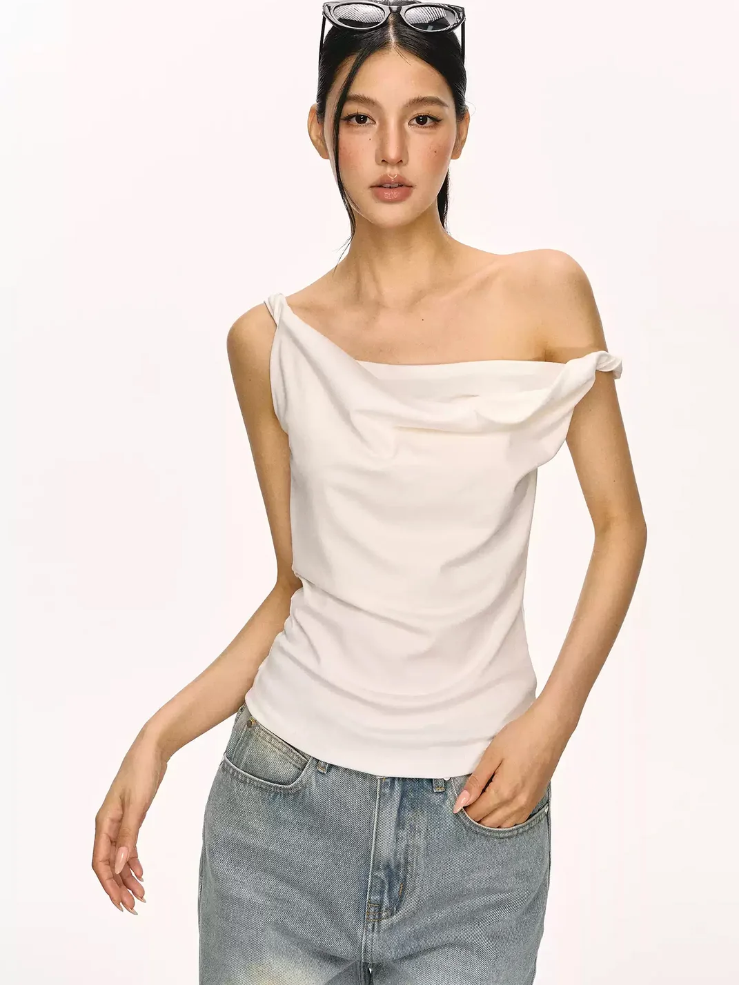 Anna aneae | Women's Asymmetrical Draped Neck Tie Strap Fitted Top