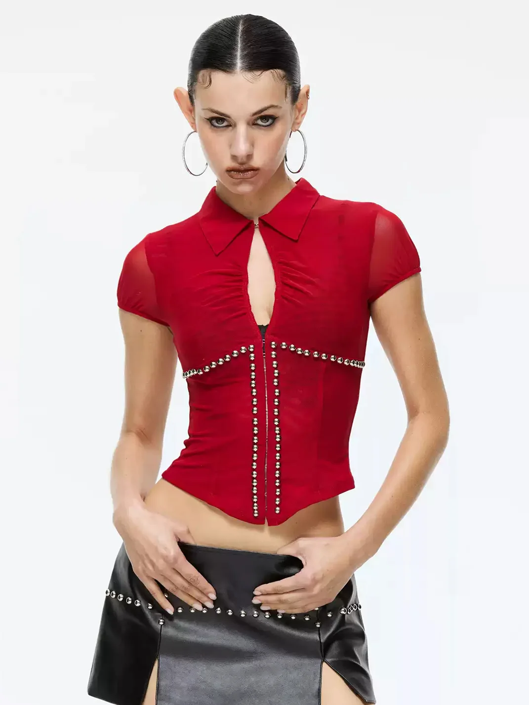 Latelylab | Studded Mesh Cropped Fitted Shirt