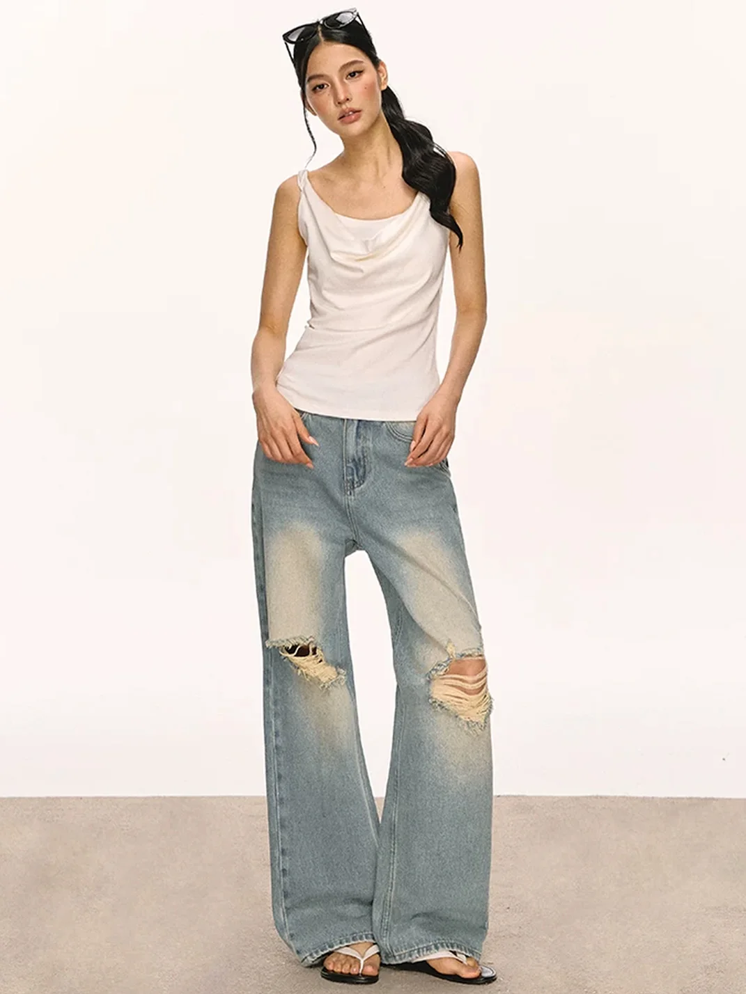 Anna aneae | Women's Asymmetrical Draped Neck Tie Strap Fitted Top