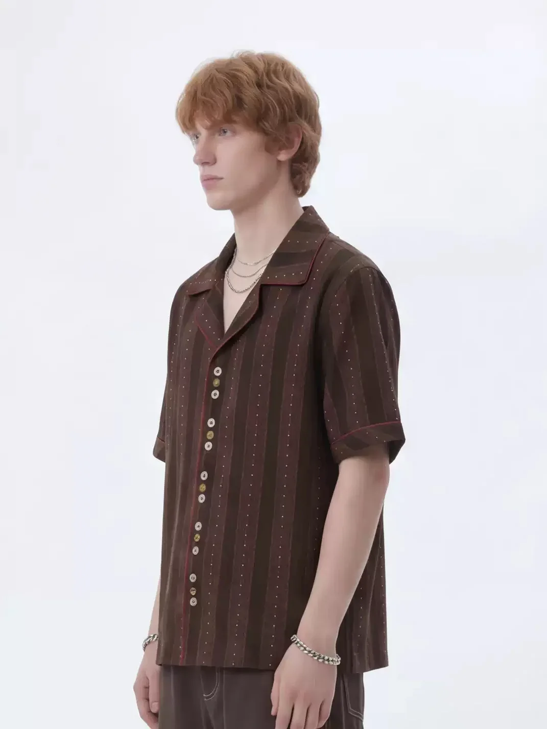 Wonderful Story | Retro Brown Striped Colorblock Button Shirt