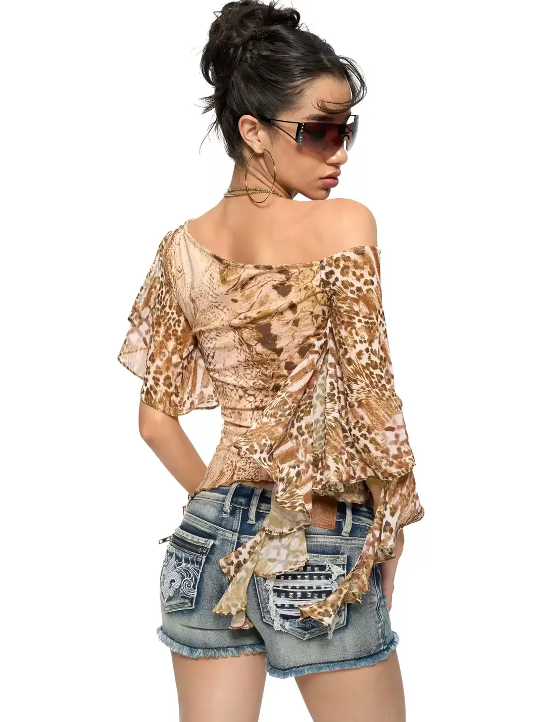 JYOSEI | Asymmetric Animal Print Ruffle Off-Shoulder Top
