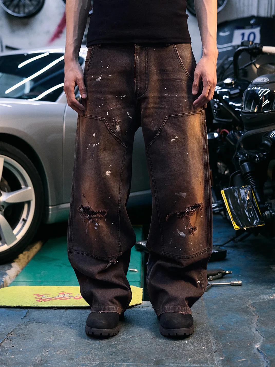 AvinMade | Distressed Double Knee Wide Leg Workwear Pants