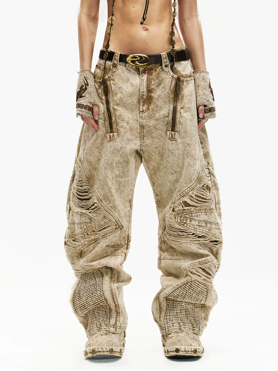 PERSONSOUL | Apricot Distressed Wide-Leg Jeans