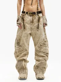 PERSONSOUL | Apricot Distressed Wide-Leg Jeans