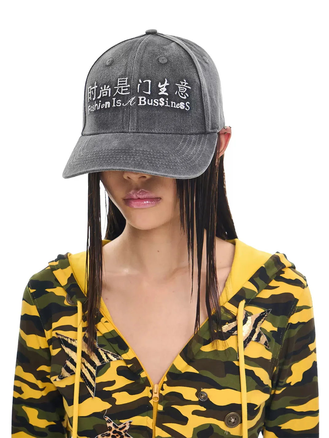 HuDieGongZhu | Embroidered Washed Denim Baseball Cap