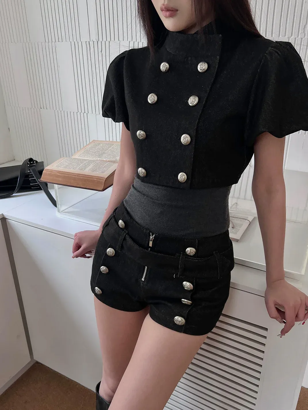 HYTE MOLY | Vintage Puff-Sleeve Denim Shorts Set