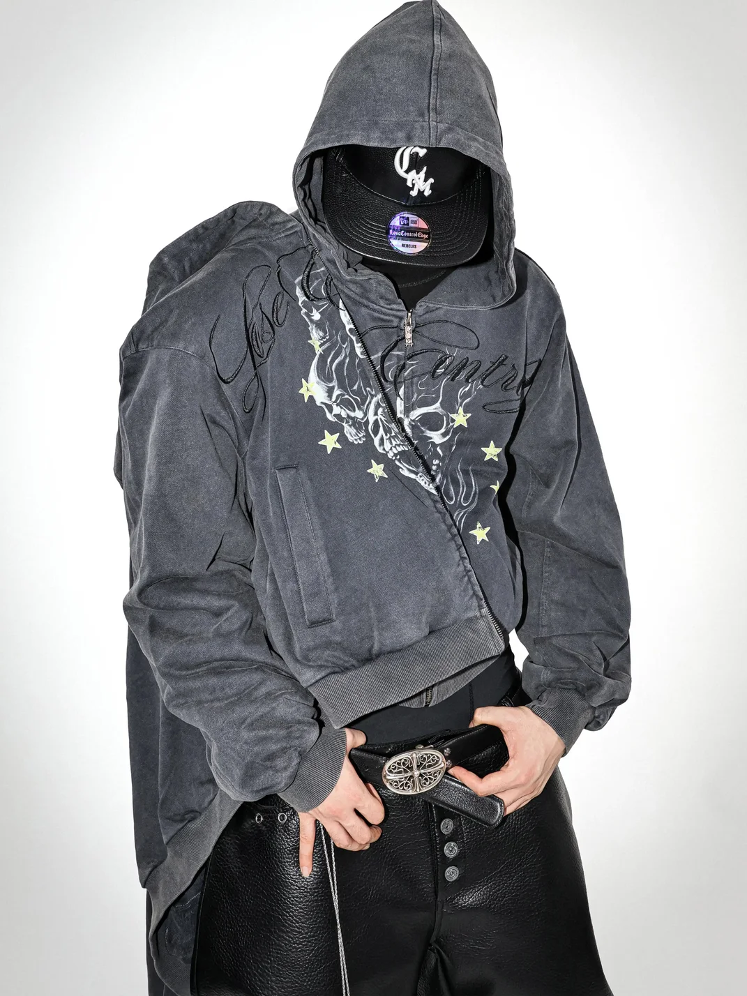LoseControlEdge | Washed Graphic Embroidered Zip Hoodie