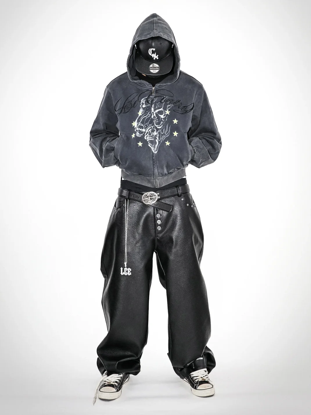 LoseControlEdge | Washed Graphic Embroidered Zip Hoodie